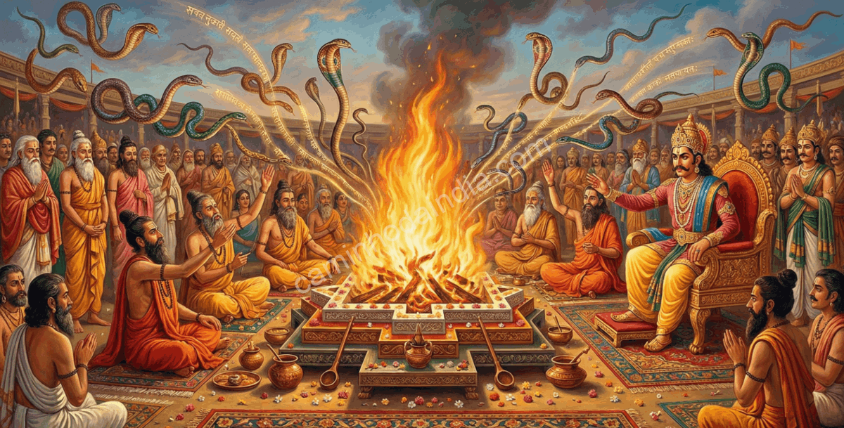 Rei Janamejaya realizando o Sarpa Satra, o ritual que atrai serpentes para o sacrifício