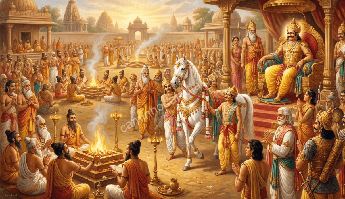 Rei Mahabali organizando o Ashvamedha Yagnya em seu reino