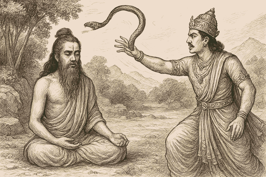 rei-parikshit-cobra-samika Cena da mitologia hindu em que o rei Parikshit joga uma cobra morta sobre o sábio Samika, que está em profunda meditação