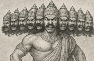 Ravana com dez cabeças, exibindo sua aparência poderosa e imponente
