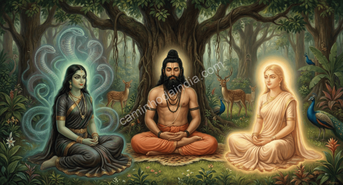 Sábio Kashyapa ao lado de suas esposas Kadru e Vinata