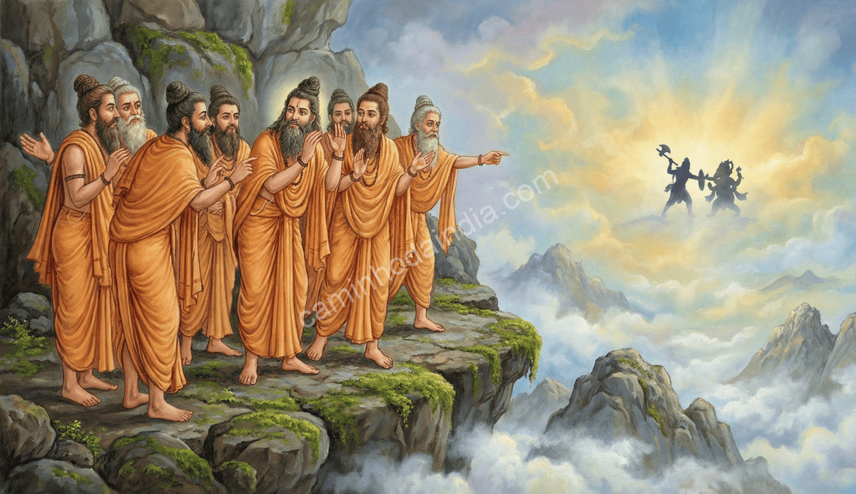 sabios-no-kailasa-discutindo-perigo-de-guerra-entre-ganesha-e-parashurama Sábios no Kailasa discutindo os perigos de um conflito total entre Ganesha e Parashurama