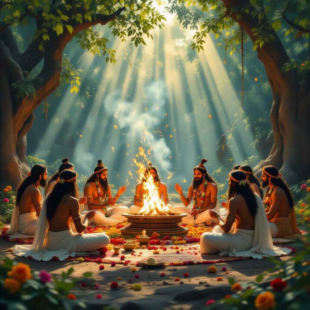 sábios-realizando-yajna-sarpa-satra Rishis realizando o Yajna do Sarpa Satra, cercados por fogo sagrado e itens cerimoniais, simbolizando o ritual de extermínio das serpentes na mitologia hindu