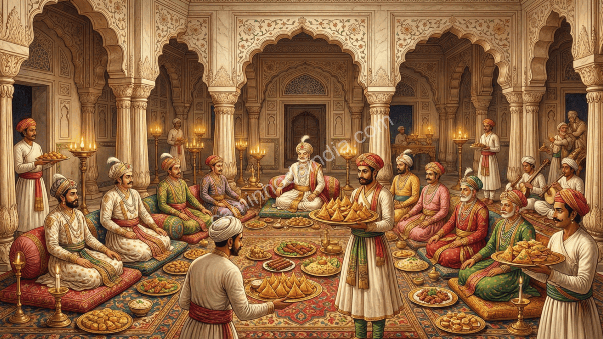 samosa-periodo-mogol-banquetes-imperiais-seculos-xvii-xviii Durante os séculos XVII e XVIII, no período mogol, a samosa ganhou prestígio ao ser servida em banquetes imperiais e celebrações