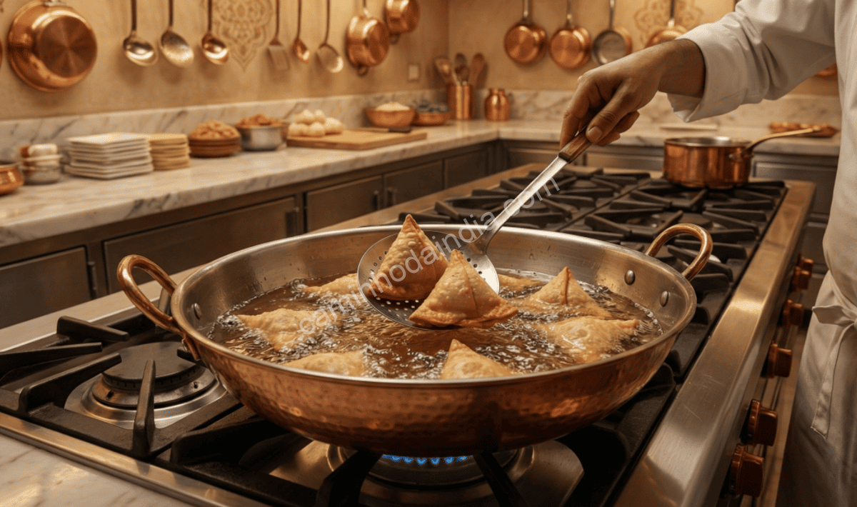 samosa-sendo-frita-oleo-quente-preparo-tradicional Samosas sendo fritas cuidadosamente em óleo quente até ficarem douradas
