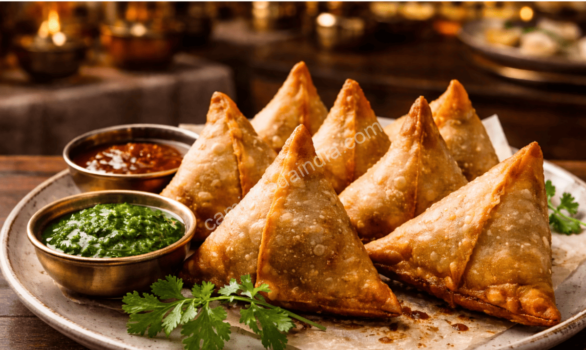 samosa-servida-chutney-verde-vermelho Samosa servida com chutney verde de hortelã e chutney vermelho agridoce