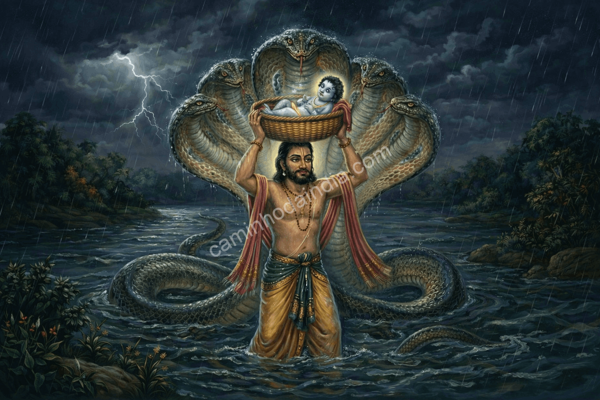 Sheshnaag protegendo o bebê Krishna da chuva enquanto Vasudeva o leva de Mathura a Gokul