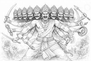 Ravana com dez cabeças, exibindo sua aparência poderosa e imponente