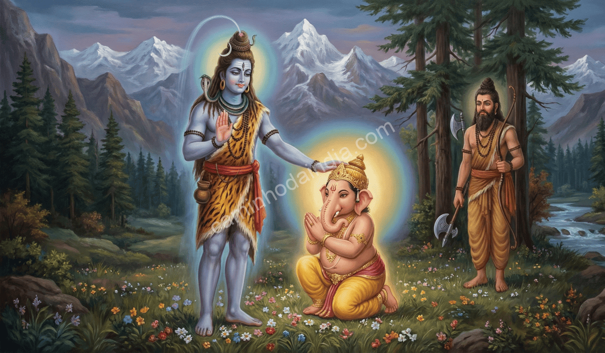shiva-abencoando-ganesha-por-sua-humildade-e-calma Shiva abençoando Ganesha por sua humildade e calma