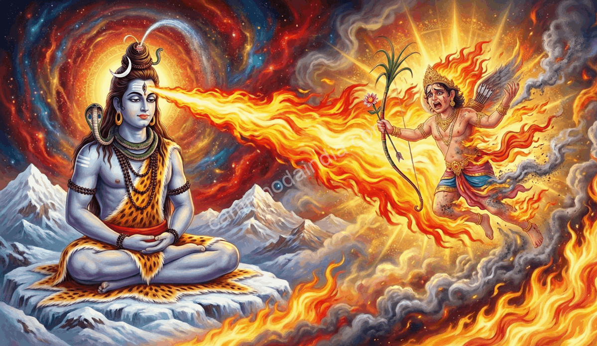 Shiva abrindo o terceiro olho e reduzindo Kamadeva a cinzas, simbolizando o controle do desejo e a consciência suprema