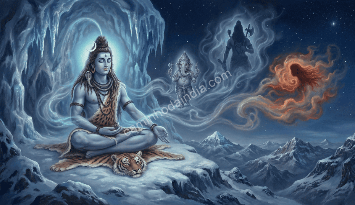 shiva-em-meditacao-percebendo-furia-de-parvati-contra-parashurama Shiva em profunda meditação percebendo a fúria de Parvati dirigida a Parashurama