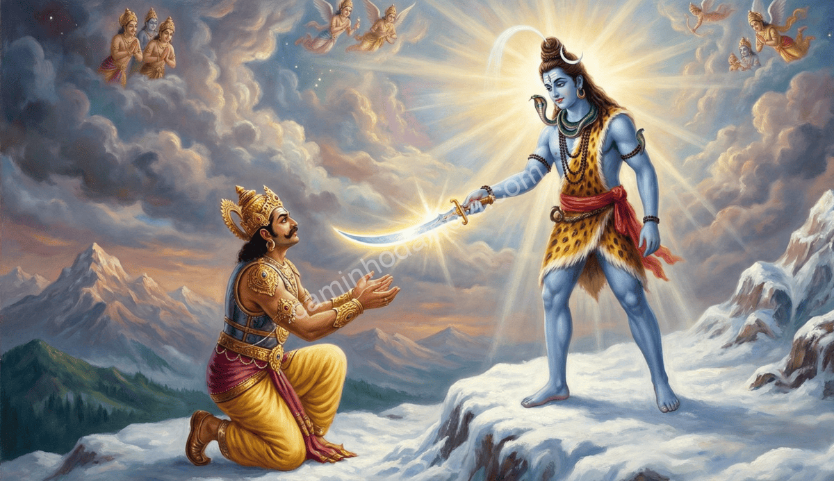 Shiva perdoando Ravana e presenteando-o com a espada Chandrahasa