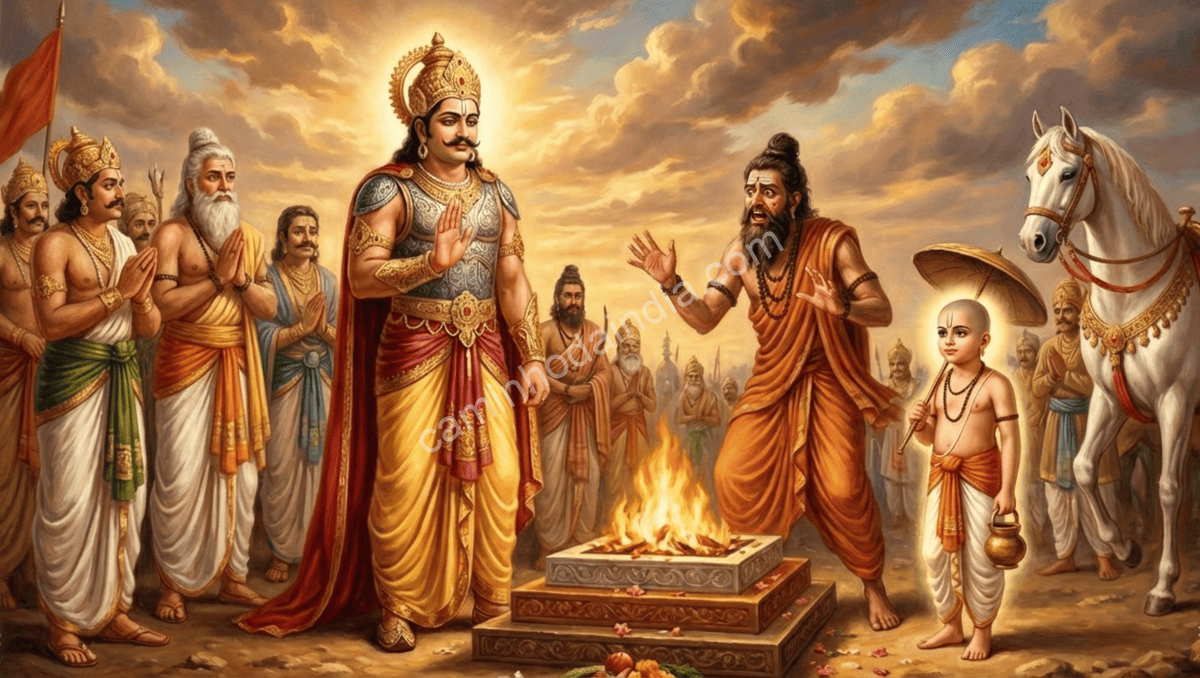 Guru Shukracharya alertando o Rei Mahabali sobre as verdadeiras intenções de Vamana