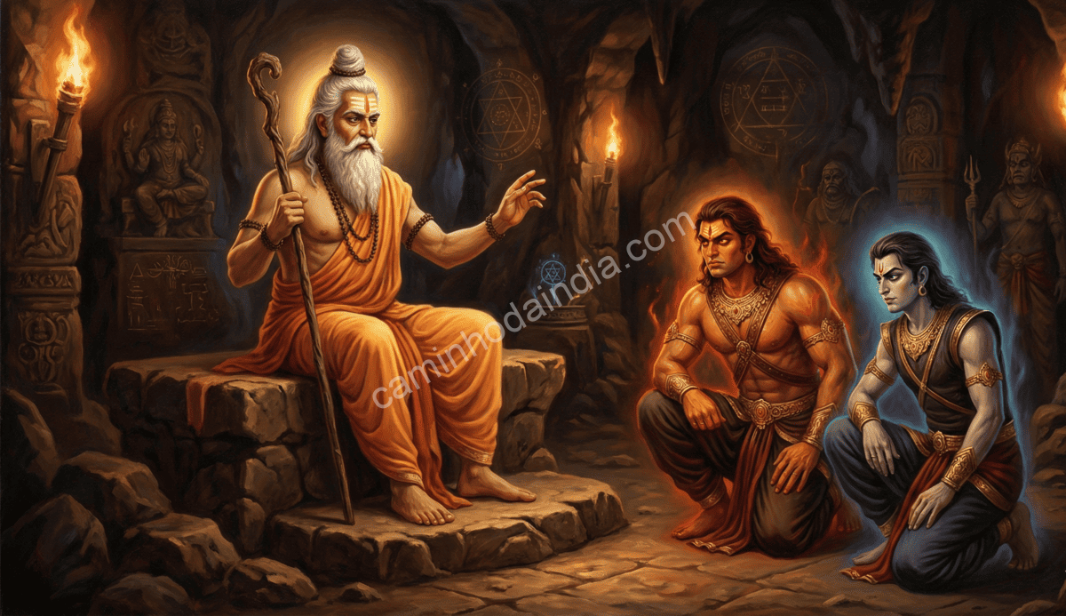 Shukracharya ensinando mantras e conhecimentos secretos a Hiranyaksha e Hiranyakashipu