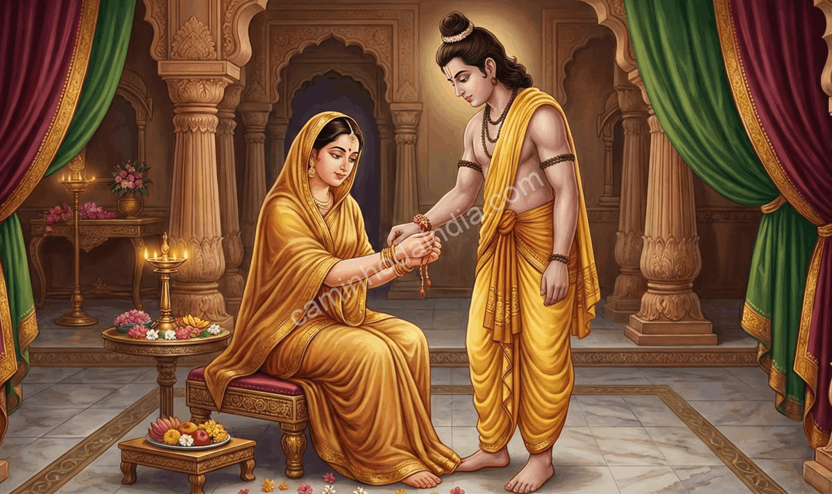 sita-lakshmana-rakhi-simbolico-ramayana Sita amarra simbolicamente um fio de proteção no pulso de Lakshmana, em gesto de gratidão e respeito após o exílio