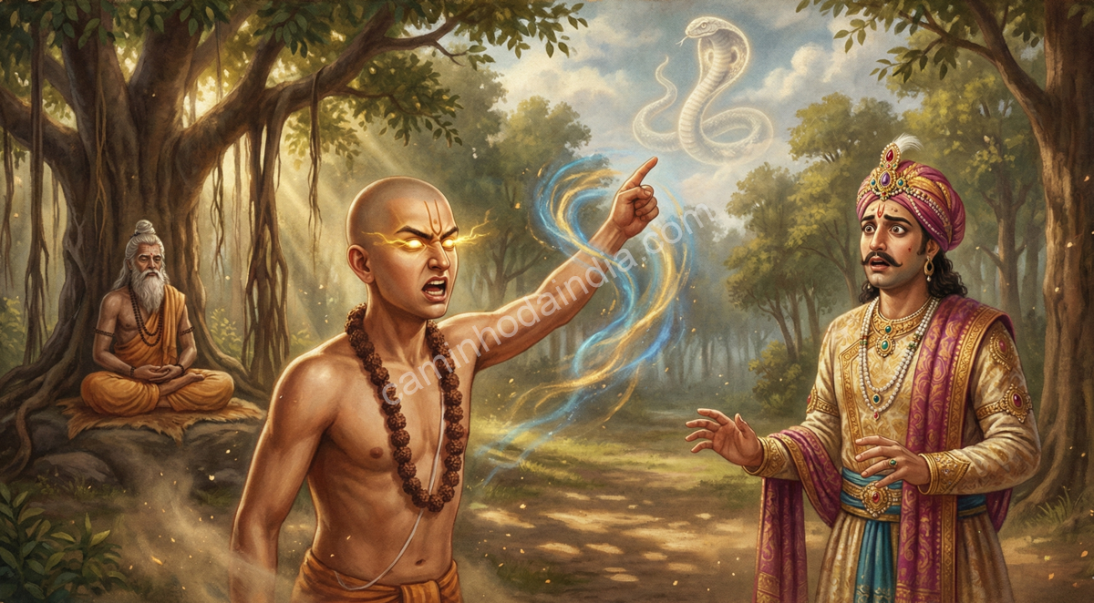 sringi-filho-de-samika-amaldiçoando-rei-parikshit Shringi, filho do sábio Samika, lançando uma maldição contra o Rei Parikshit em um momento de intensa ira
