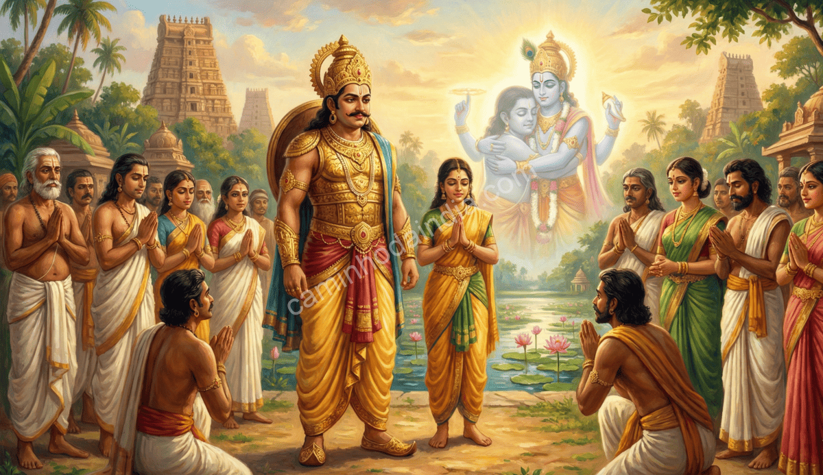 Rei Mahabali encontrando seus súditos em seu reino, cercado por pessoas em um cenário tradicional do antigo Kerala