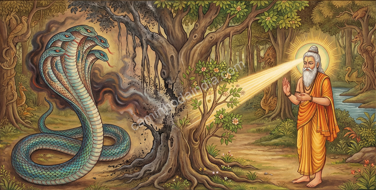 taksaka-destruindo-arvore-kasyapa-regenerando Takshaka destruindo uma árvore com seu veneno e o sábio Kashyapa regenerando-a com seus poderes