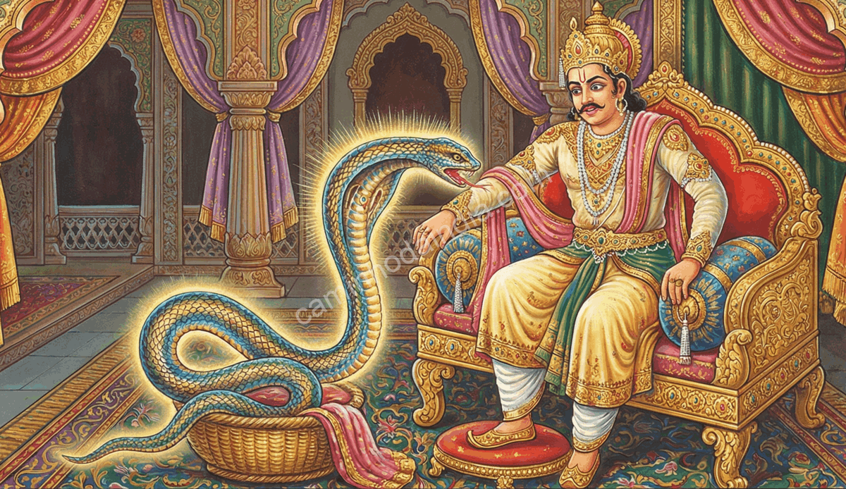 takshaka-atacando-rei-parikshit-palacio Takshaka atacando o rei Parikshit em seu palácio, cumprindo a maldição destinada ao monarca