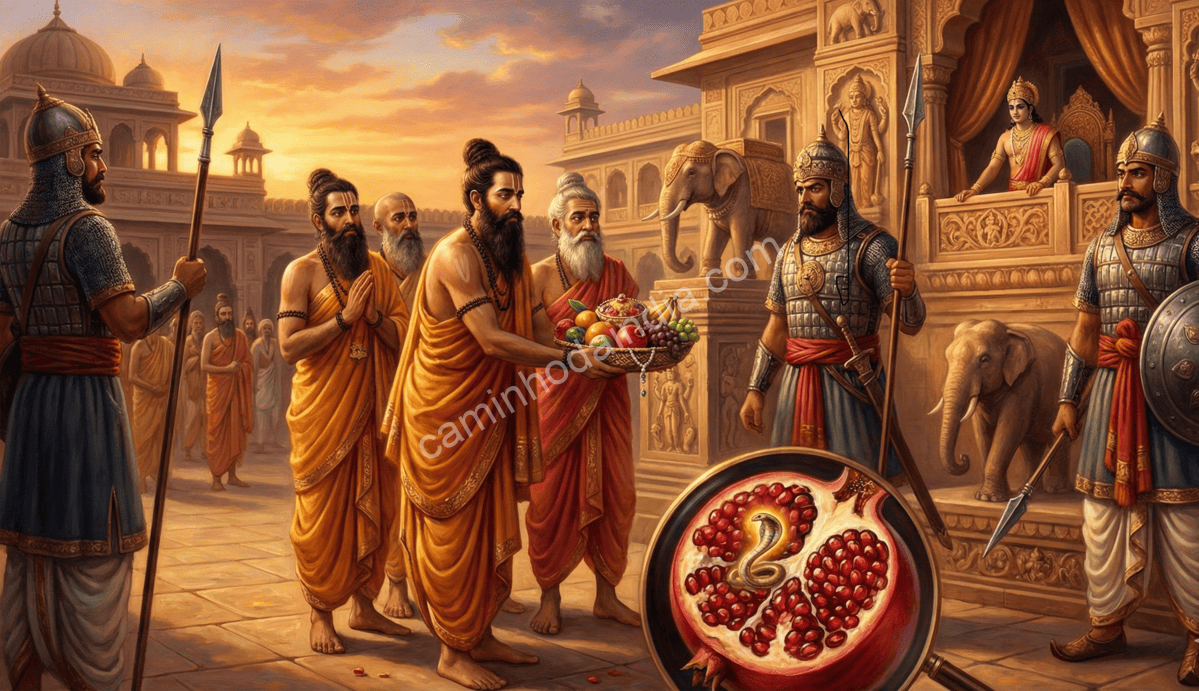 takshaka-escondido-na-fruta-emboscada-parikshit Takshaka oculto dentro de uma fruta enquanto brâmanes disfarçados entregam oferendas ao rei Parikshit