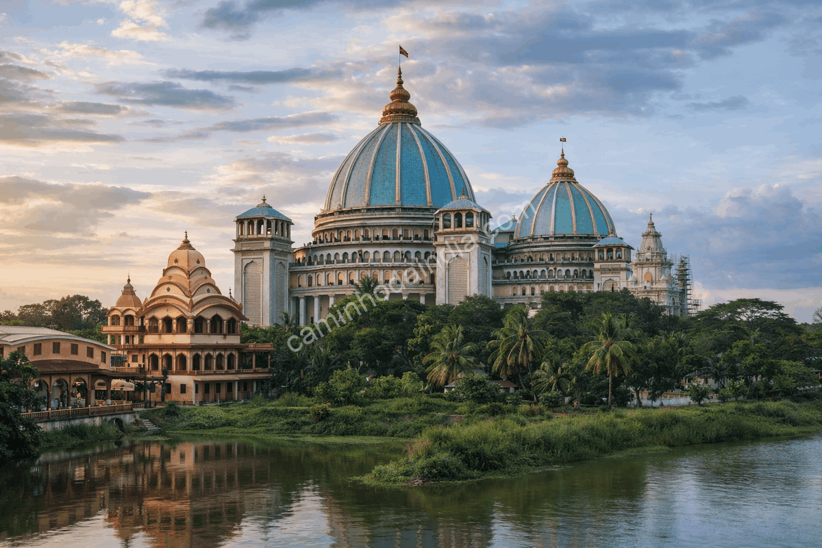 Templo ISKCON em Mayapur, Bengala Ocidental, com sua arquitetura monumental e atmosfera espiritual às margens do rio Ganges