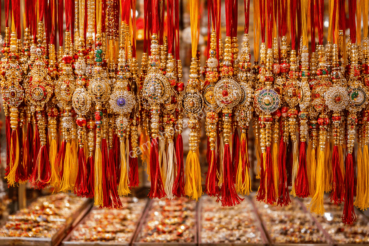 Diferentes tipos de rakhis expostos para venda em uma loja durante o festival de Raksha Bandhan