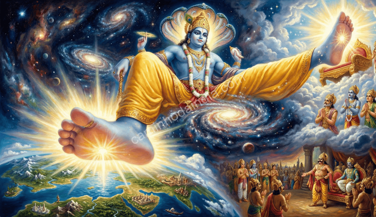 Vamana em sua forma Trivikrama cobrindo o Bhu Loka e o Swarga Loka com dois passos