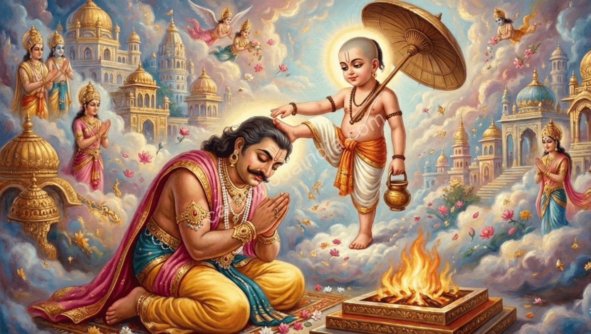 Vamana coloca seu pé sobre a cabeça do rei Mahabali durante o episódio dos três passos