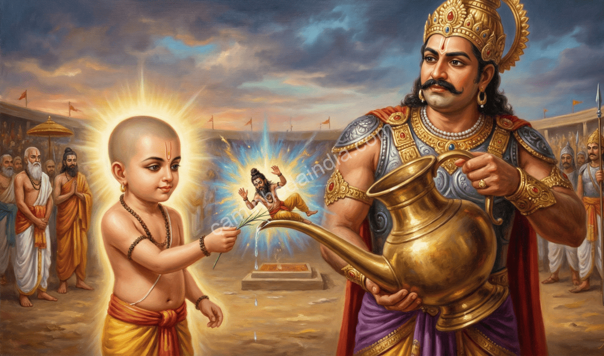 Vamana removendo Shukracharya, que estava oculto em forma de inseto para bloquear o ritual de cumprimento da promessa