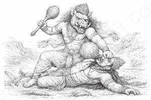 O avatar Varaha, o javali divino, protegendo o mundo ao resgatar a deusa Terra das águas cósmicas