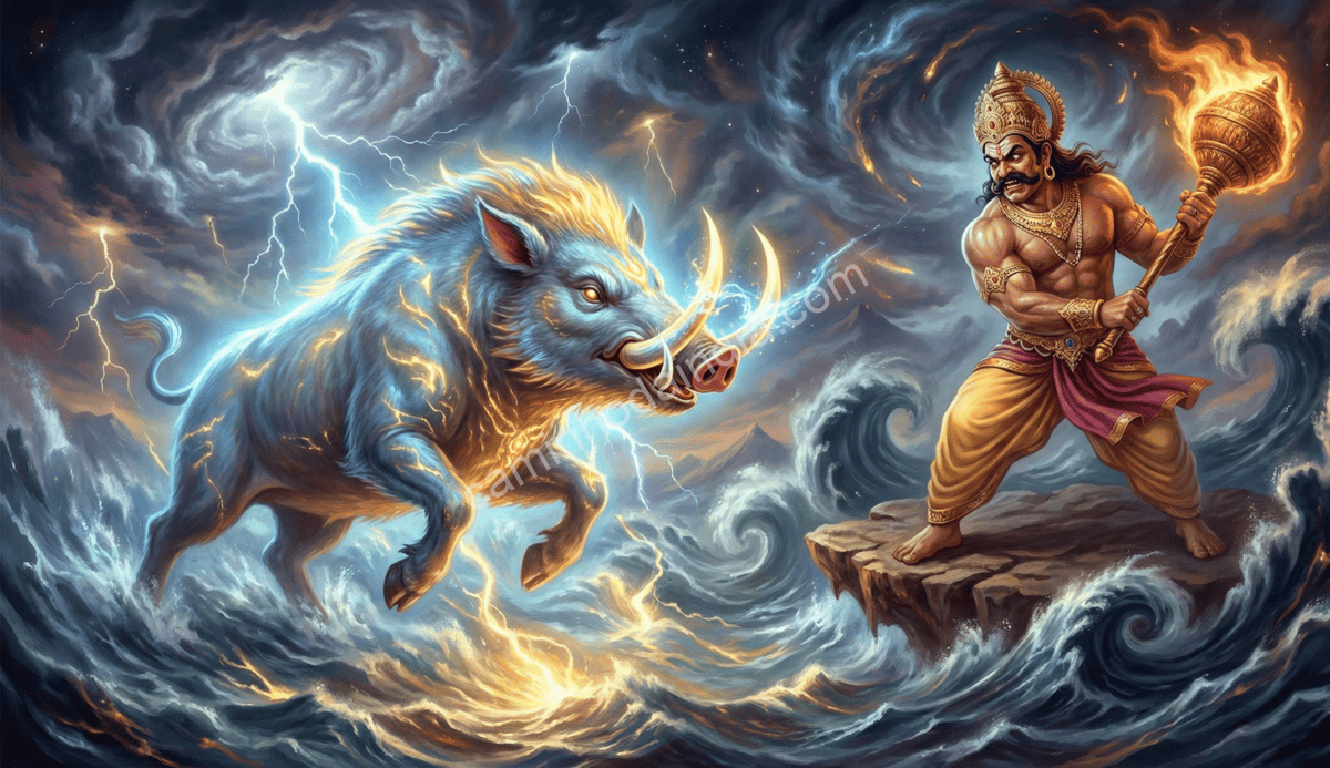 Varaha ergue a Terra e derrota Hiranyaksha, restaurando o equilíbrio do universo