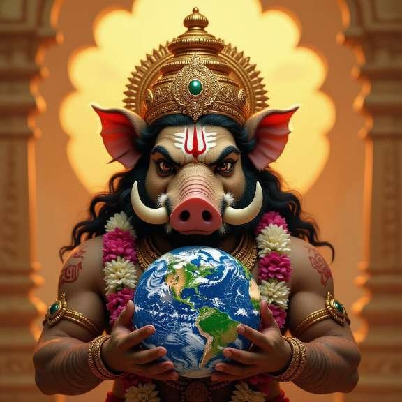 varaha-protegendo-a-terra Varaha avatar protegendo a deusa Terra após derrotar Hiranyaksha