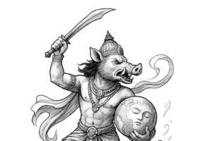 O avatar Varaha, o javali divino, protegendo o mundo ao resgatar a deusa Terra das águas cósmicas