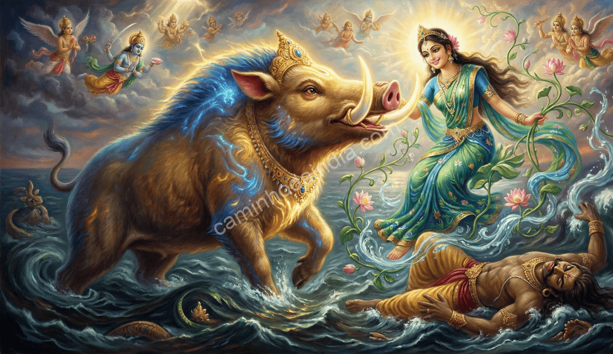 Varaha salvando Bhumidevi e restaurando o equilíbrio cósmico