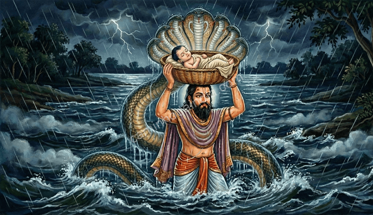 Vasudeva conduz o bebê Krishna de Mathura a Vrindavan, cruzando o rio sob a proteção da serpente divina, que abre seu capelo para abrigar a manifestação sagrada durante a jornada