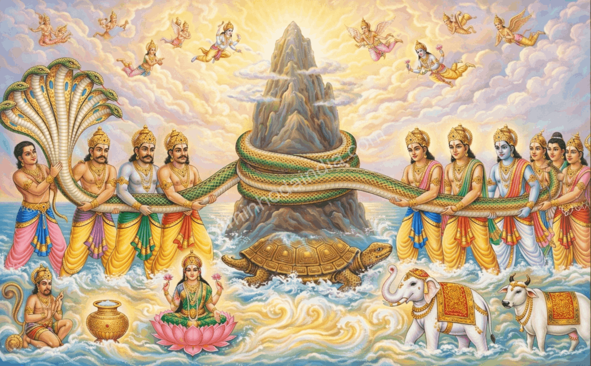 vasuki-monte-mandara-samudra-manthan Vasuki enrolado ao redor do Monte Mandara durante o Samudra Manthan, a agitação do Oceano de Leite