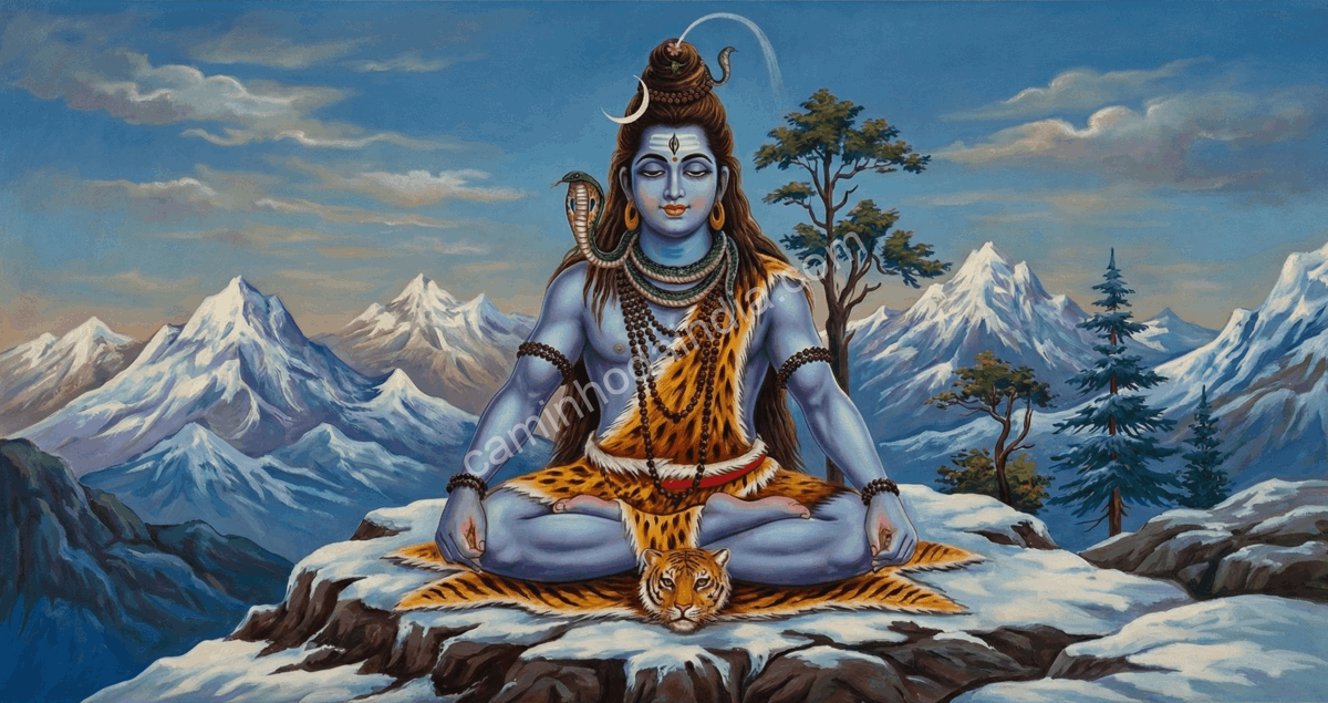 Vasuki enrolado ao redor do pescoço de Shiva no Monte Kailasa, símbolo de controle e ascetismo