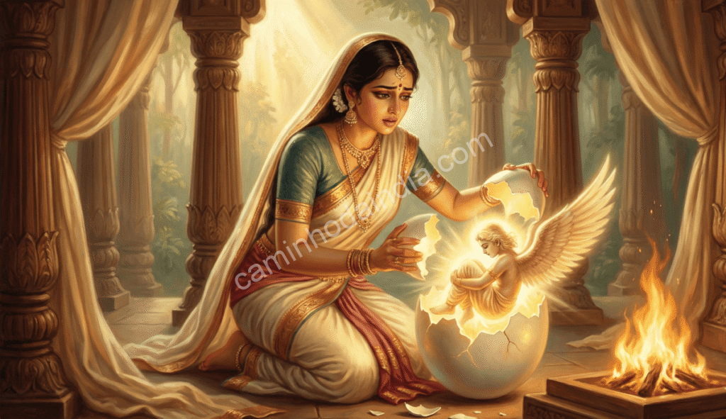 Vinata abrindo prematuramente um dos ovos e causando o nascimento de Aruna sem a força completa que teria adquirido