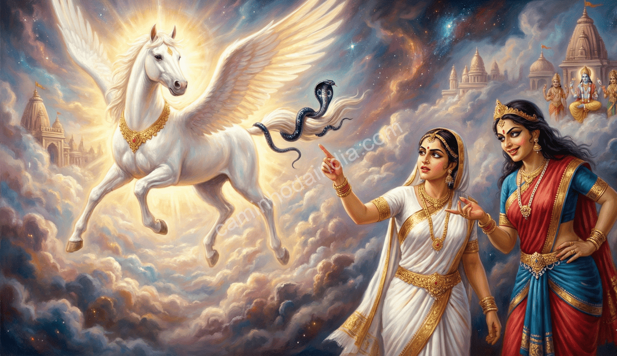 Vinata e Kadru apostando sobre a cor da cauda de Uchchaihshravas enquanto os nagas tentam enganar cobrindo a cauda