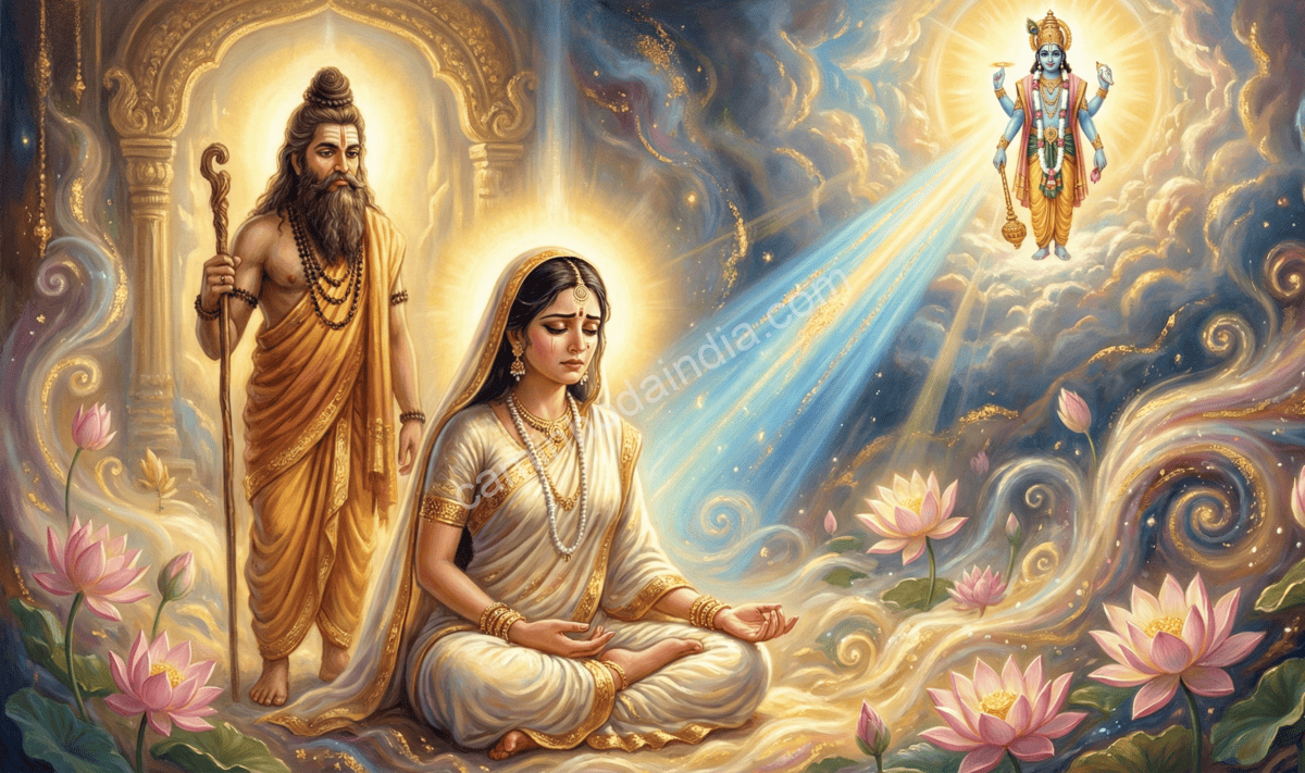 Vishnu abençoa Aditi por sua penitência, prometendo nascer como seu filho Vamana