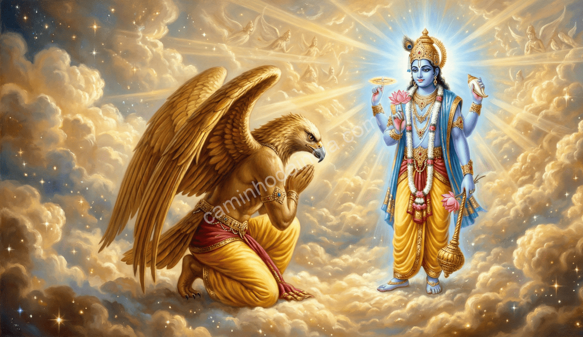 Vishnu abençoando Garuda por sua força e determinação