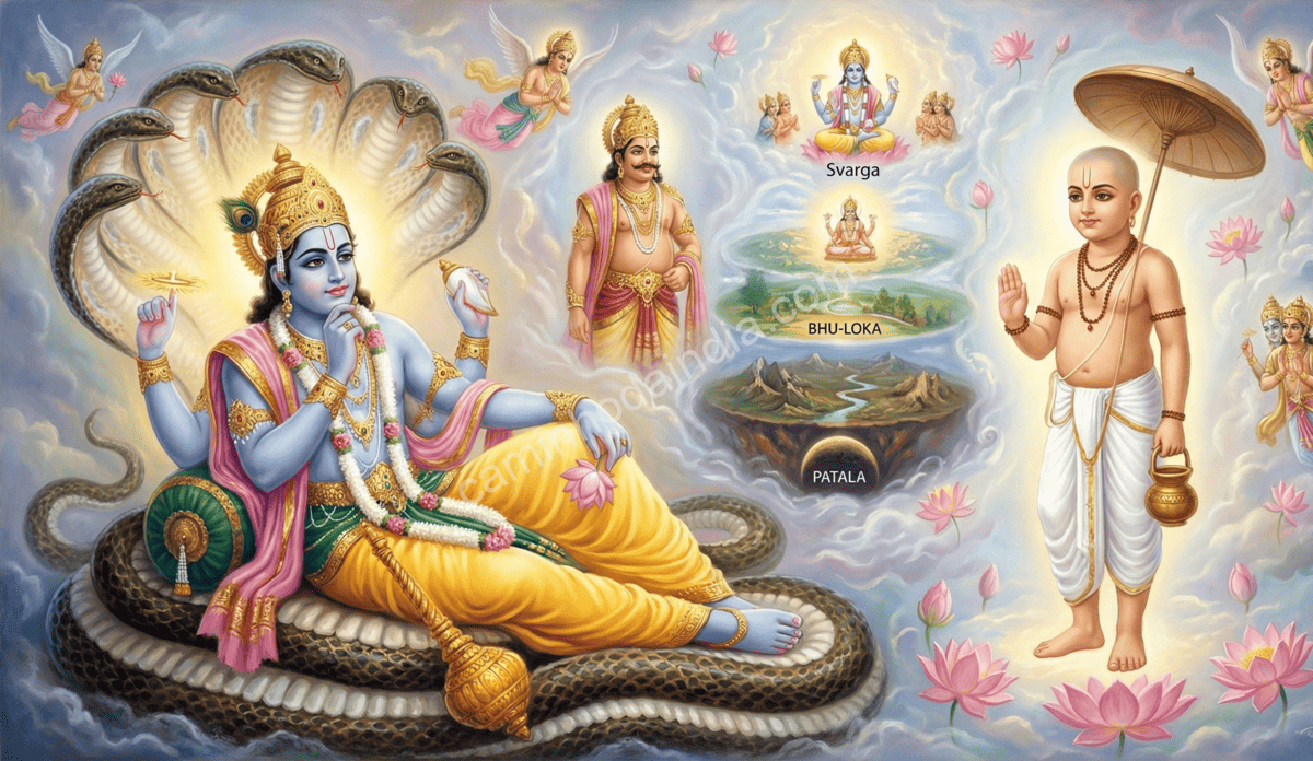 Vishnu contempla assumir o avatar Vamana como forma de conter Mahabali sem qualquer violência