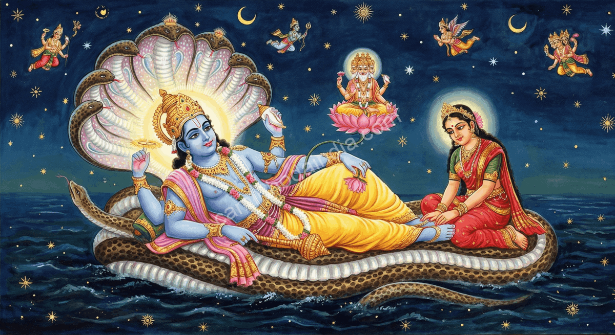 vishnu-sheshnaag-lakshmi-brahma-cosmos Vishnu repousando sobre Sheshnaag, com Lakshmi ao seu lado e Brahma surgindo do lótus