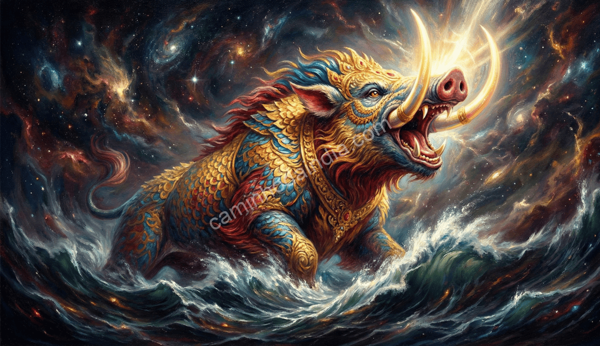 Vishnu assumindo o avatar de Varaha para resgatar Bhumidevi