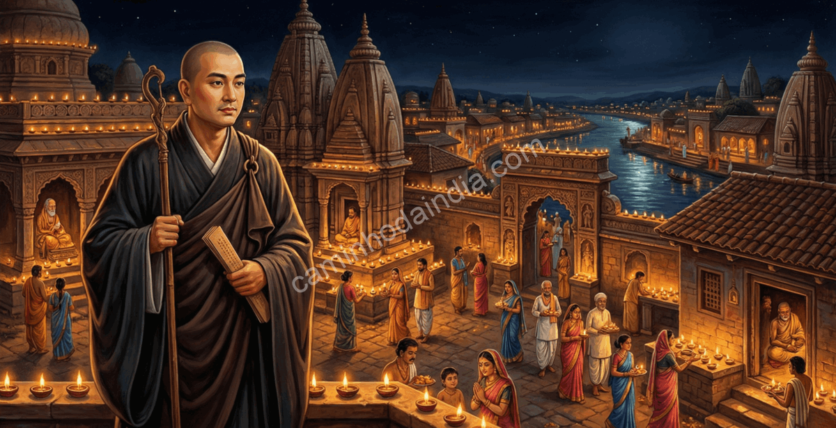 O monge chinês Xuanzang observa festivais indianos com iluminação noturna durante sua viagem pela Índia no século VII