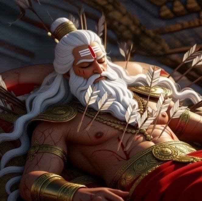 bhishmacharya-ferido-flechas-makar-sankranti Bhishmacharya gravemente ferido por flechas, deitado em sua cama de guerra, aguardando Makar Sankranti para deixar seu corpo, cena épica do Mahabharata