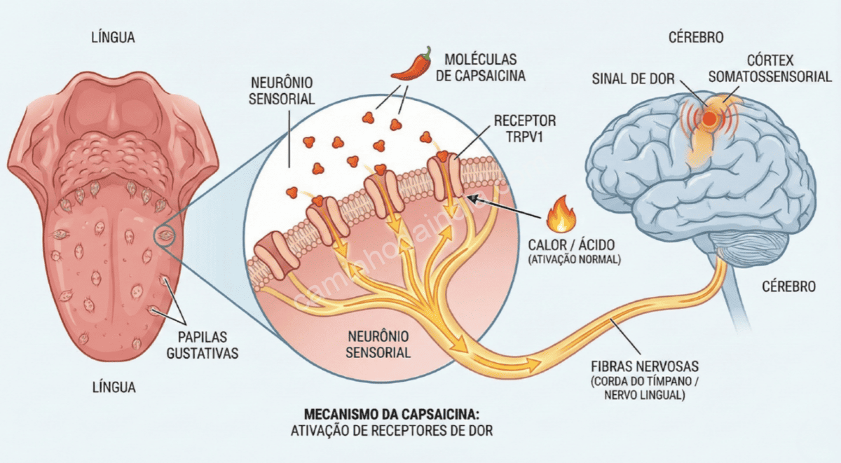 capsaicina-receptores-trpv1-ardencia-pimenta Capsaicina ativando os receptores TRPV1 e causando a sensação de ardência da pimenta