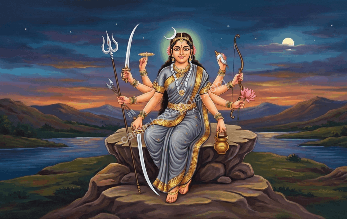 Chandraghanta, a terceira forma da Deusa Durga, com sino em forma de lua crescente