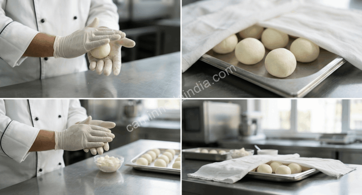 chef-modelando-bolinhas-rasgulla-sem-rachaduras Chef moldando cuidadosamente bolinhas de rasgulla com superfície lisa e sem rachaduras