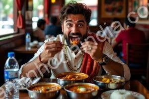 Homem indiano comendo comida apimentada em um restaurante